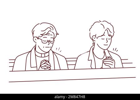 L'uomo e il sacerdote pregano in chiesa. Il ragazzo e il pastore con le mani di preghiera pregano in cattedrale. Religione e fede. Illustrazione vettoriale. Illustrazione Vettoriale