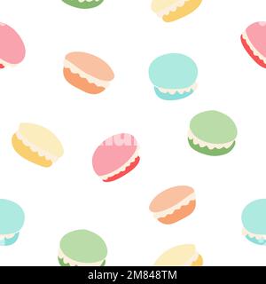 Caramelle dolci Macaron senza cuciture motivo. Torta confezione francese carino sfondo colorfull. Pasta da dessert disegnata a mano. Illustrazione vettoriale. Illustrazione Vettoriale