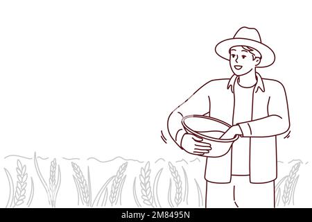 Agricoltore maschile che lavora in campo nella stagione del raccolto. Uomo sorridente occupato con l'agricoltura su pascolo o cropland. Illustrazione vettoriale. Illustrazione Vettoriale