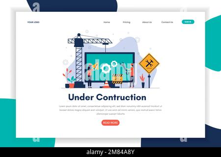Modello di illustrazione della landing page in costruzione. Illustrazione per siti Web, landing page, applicazioni mobili, poster e banner Illustrazione Vettoriale