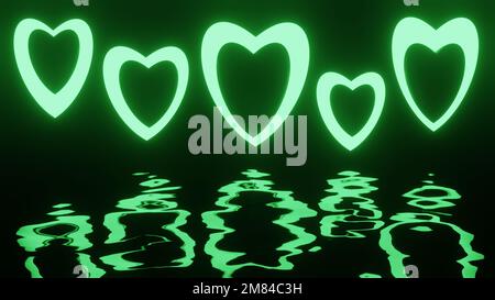 Cuori verdi con sfondo di riflessione. San Valentino, concetto di matrimonio. Foto Stock