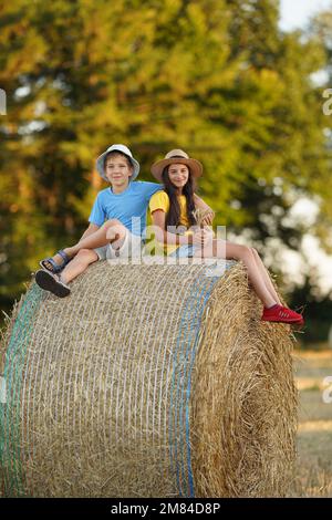 Un ragazzo e una ragazza dai capelli leali sono seduti su un pagliaio al tramonto e stanno chiacchierando. due bambini si siedono sul pagliaio nella foresta Foto Stock