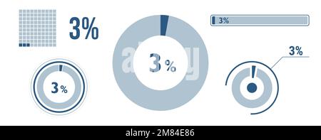 set di icone per il caricamento dei dati al 3%. Diagramma a tre cerchi, grafico a ciambelle a torta, barra di avanzamento. infografica percentuale del 3%. Collezione Vector Concept, colore blu Illustrazione Vettoriale