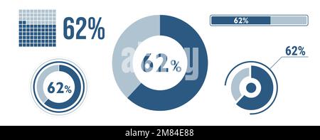 set di icone per il caricamento dei dati al 62%. Diagramma a sessantadue cerchi, grafico a ciambelle a torta, barra di avanzamento. infografica percentuale del 62%. Vector Concept Collection, blu Illustrazione Vettoriale