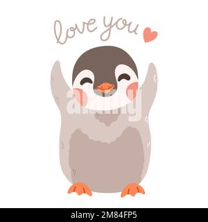 Pinguino carino con lettere amore voi e cuore. Penguin vettore cartoon. Illustrazione Vettoriale