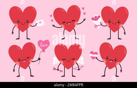 Set di caratteri Cartoon Heart. Carino simbolo d'amore con viso, mani e piedi, emoji adesivi vettore emoticon Illustrazione Vettoriale