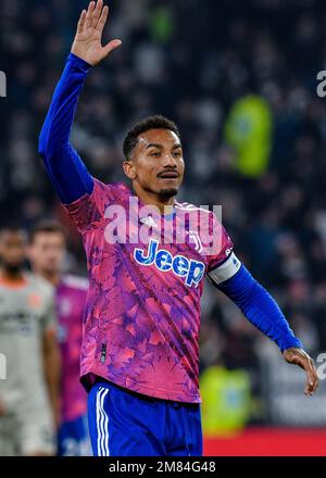 Danilo della Juventus FC gesta durante la Serie Una partita del 2022/23 tra Juventus FC e Udinese Calcio allo Stadio Allianz il 07 gennaio 2023 a Torino Foto Stock