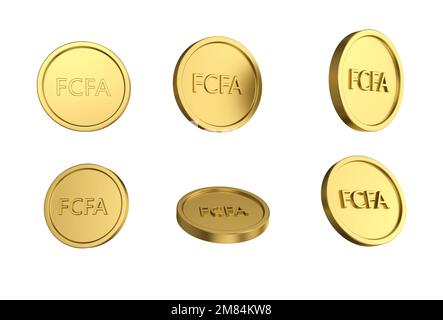 3D Set illustrativo di monete d'oro CFA franco in angeli diversi su sfondo bianco Foto Stock