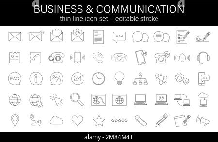 set di icone per le comunicazioni e le attività commerciali in linea sottile, illustrazione modificabile del vettore del tratto Illustrazione Vettoriale