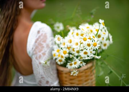 Una donna di mezza età tiene in mano un grande bouquet di margherite. Fiori di campo per congratulazioni Foto Stock