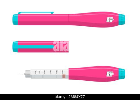 Set di penne per iniezione di insulina aperto e chiuso. Fiala di ormone all'interno di una siringa di colore rosa. Iniettore di controllo del diabete. Dispositivo medico per pazienti diabetici. Medicina sparata per le persone con alti livelli di zucchero nel sangue. Vettore Illustrazione Vettoriale