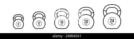 Icona con contorno nero Imposta i kettlebells. Pesi e misure diversi: 8, 12, 16, 20 e 24 kg. Illustrazione vettoriale, design piatto Illustrazione Vettoriale