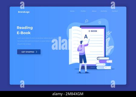 Design piatto di lettura ebook. Illustrazione per siti Web, landing page, applicazioni mobili, poster e banner. Illustrazione Vettoriale