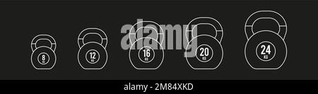 Icona con contorno bianco Imposta i kettlebells. Pesi e misure diversi: 8, 12, 16, 20 e 24 kg. Illustrazione vettoriale, design piatto Illustrazione Vettoriale