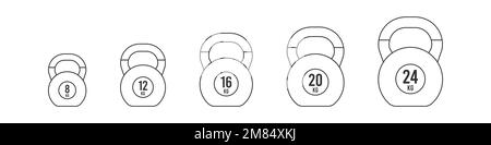 Icona con contorno nero Imposta i kettlebells. Pesi e misure diversi: 8, 12, 16, 20 e 24 kg. Illustrazione vettoriale, design piatto Illustrazione Vettoriale