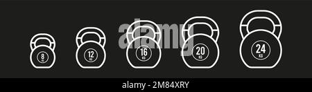 Icona con contorno bianco Imposta i kettlebells. Pesi e misure diversi: 8, 12, 16, 20 e 24 kg. Illustrazione vettoriale, design piatto Illustrazione Vettoriale