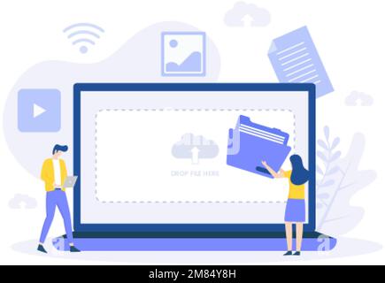 Informazioni di illustrazione sul caricamento dei file. Illustrazione per siti Web, landing page, applicazioni mobili, poster e banner. Illustrazione Vettoriale
