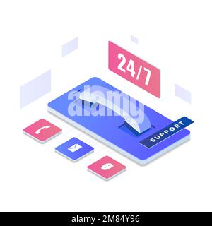 Concetto di illustrazione isometrica 24/7 dell'assistenza clienti. Illustrazione per siti Web, landing page, applicazioni mobili, poster e banner. Illustrazione Vettoriale