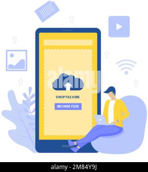 Informazioni di illustrazione sul caricamento dei file. Illustrazione per siti Web, landing page, applicazioni mobili, poster e banner. Illustrazione Vettoriale