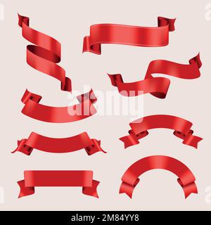 Grafica vettoriale banner a nastro, set di design di etichette realistiche rosse Illustrazione Vettoriale