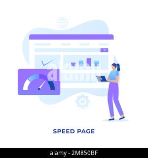 Informazioni sul vettore di illustrazione della velocità della pagina. Illustrazione per siti Web, landing page, applicazioni mobili, poster e banner Illustrazione Vettoriale