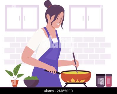 Chef donna cucina illustrazione design concetto. Illustrazione per siti Web, landing page, applicazioni mobili, poster e banner. Vettore piatto alla moda Illustrazione Vettoriale
