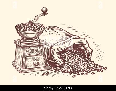 Macinacaffè e sacchetto di chicchi di caffè. Concetto di bevanda. Illustrazione vettoriale vintage con disegno a mano inciso Illustrazione Vettoriale
