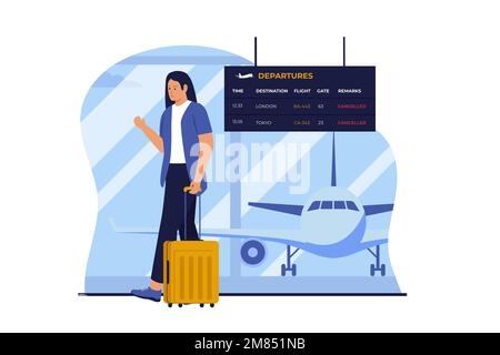 Concetto di disegno dell'illustrazione del volo annullato. Illustrazione per sito Web, landing page, app mobile, poster e banner. Illustrazione di vettore piatto alla moda Illustrazione Vettoriale