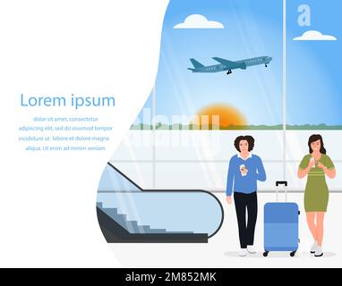 Illustrazione vettoriale AirPort. Donna e uomo usano telefoni cellulari con valigia vicino alla scala mobile in attesa del check-in. Passeggero. Turistico. Vacanze estive. Trave Illustrazione Vettoriale