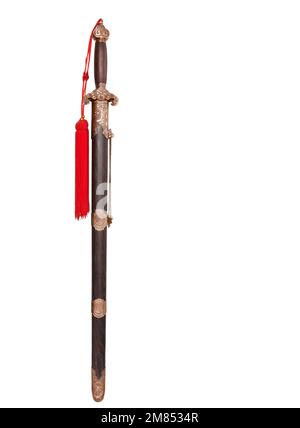 Doppia spada cinese con nappina rossa per il fitness dancing - spazio copia per il testo Foto Stock