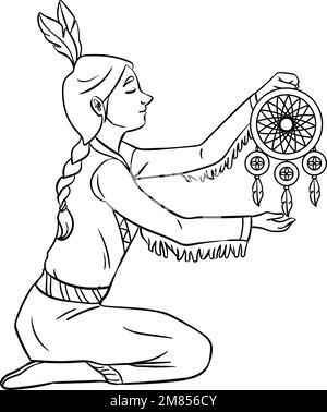 Nativo americano Indian Girl Dreamcatcher isolato Illustrazione Vettoriale