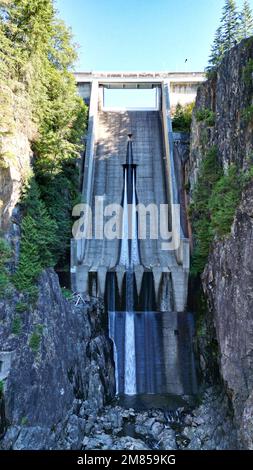 Una foto verticale della diga di Cleveland nel Parco Regionale del Fiume Capilano, BC, Canada Foto Stock