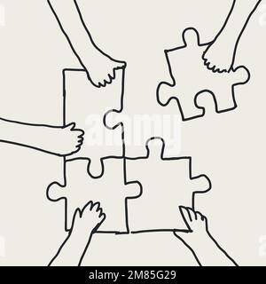 Gioco di squadra doodle mani vettore collegare puzzle jigsaw Illustrazione Vettoriale