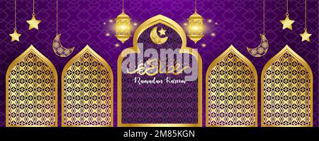Volantino Ramadan Kareem. Ramadan Kareem set di poster o inviti design. design decorativo retrò per biglietti d'auguri o layout per inviti Illustrazione Vettoriale