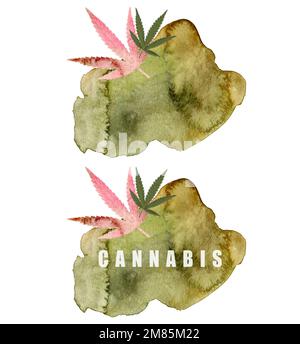 Raccolto di cannabis, la marijuana lascia la cornice per il testo. Acquerello botanico illustrazione di salute, piante dorate. Sfondo dei coni di Ganja nei colori rosa Foto Stock