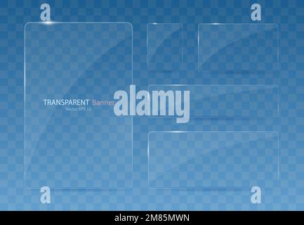 Una serie di striscioni in vetro su sfondo trasparente. Banner trasparenti con riflessi e evidenziazioni. Illustrazione Vettoriale