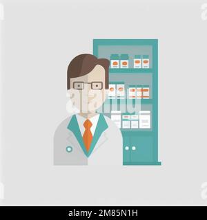 Illustrazione minimalista di una persona del farmacista che lavora in una farmacia Illustrazione Vettoriale