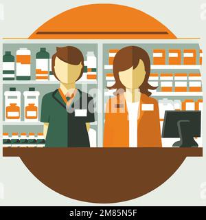 Illustrazione minimalista di una persona del farmacista che lavora in una farmacia Illustrazione Vettoriale