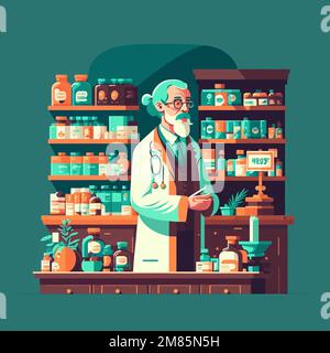 Illustrazione minimalista di una persona del farmacista che lavora in una farmacia Illustrazione Vettoriale