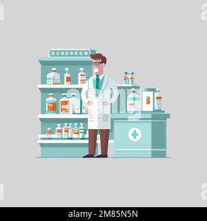 Illustrazione minimalista di una persona del farmacista che lavora in una farmacia Illustrazione Vettoriale