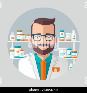Illustrazione minimalista di una persona del farmacista che lavora in una farmacia Illustrazione Vettoriale