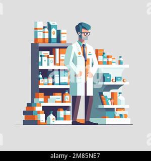 Illustrazione minimalista di una persona del farmacista che lavora in una farmacia Illustrazione Vettoriale