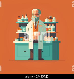 Illustrazione minimalista di una persona del farmacista che lavora in una farmacia Illustrazione Vettoriale