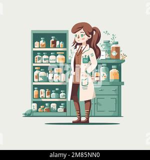 Illustrazione minimalista di una persona del farmacista che lavora in una farmacia Illustrazione Vettoriale