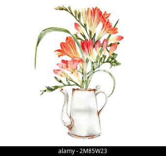 Acquerello freesia composizione fiori per decorazione, fiori Spring Blooming. Fiori in fiore disegnati a mano con acquerello su un isolato bianco Foto Stock
