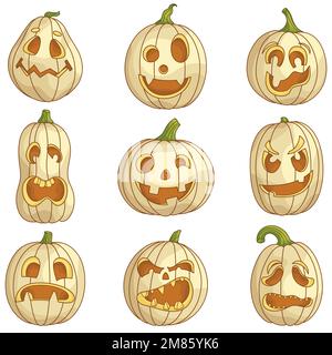 Collezione di zucche bianche Jack-o'-Lantern per Halloween. Set di caratteri con espressioni facciali diverse. Illustrazioni cartoni animati per le vacanze Illustrazione Vettoriale