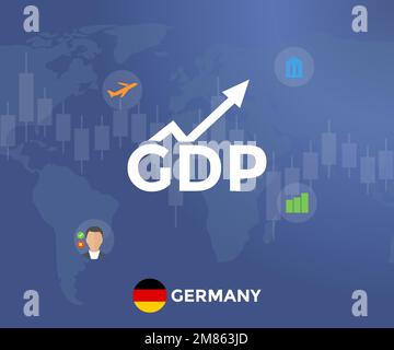 Prodotto interno lordo (PIL) del logo della bandiera e della mappa della Germania. Crescita economica del pil prodotto interno. Economia globale, bilancio nazionale, recessione. Illustrazione Vettoriale