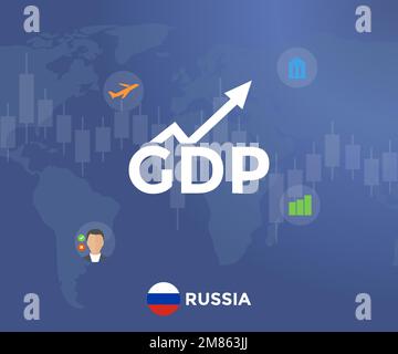 Prodotto interno lordo (PIL) del logo della bandiera e della mappa della Russia. Crescita economica del pil prodotto interno. Economia globale, bilancio nazionale, recessione. Illustrazione Vettoriale