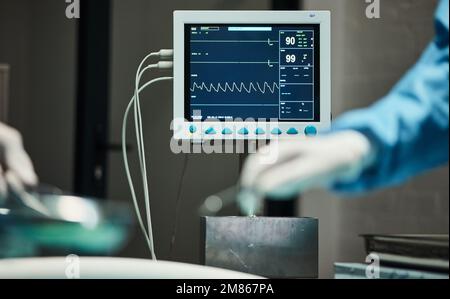 Monitor per elettrocardiogramma, mani di medici con bisturi per chirurgia, assistenza sanitaria o assistenza medica. Zoom, schermo o mano infermiera in teatro per la fiducia Foto Stock