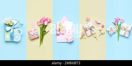 Collage di bei regali, fiori e lettere per la Giornata internazionale della donna su sfondi blu e gialli Foto Stock